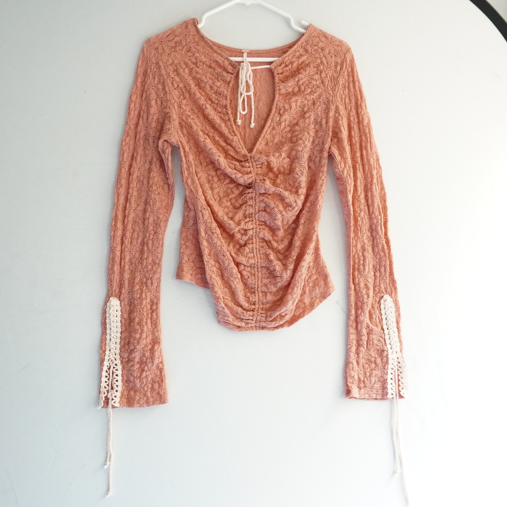 Free People Lace Ruched Top Blouse‎ Long Sleeve Drawstring Peach Boho Bohemian S